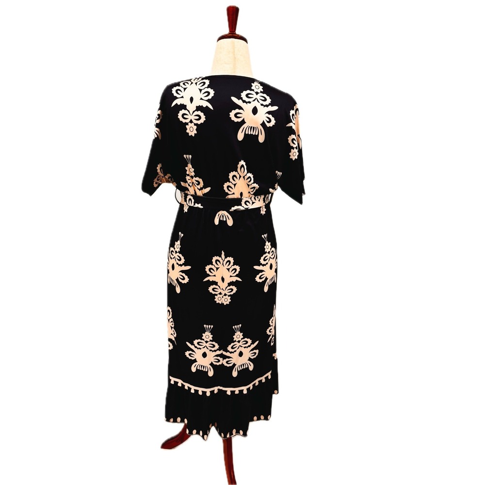 Fashion Navy & White Pull Over Dress Womens V-Neck Belted Ruffled Hem Midi - Picture 3 of 6